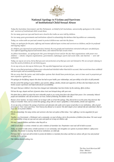 National Apology to Victims and Survivors of Institutional Child Sexual Abuse text